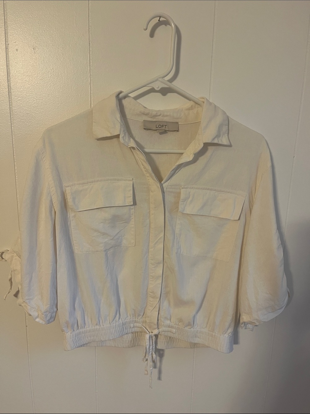 LOFT Cream Button-Front Drawstring Shirt Jacket
